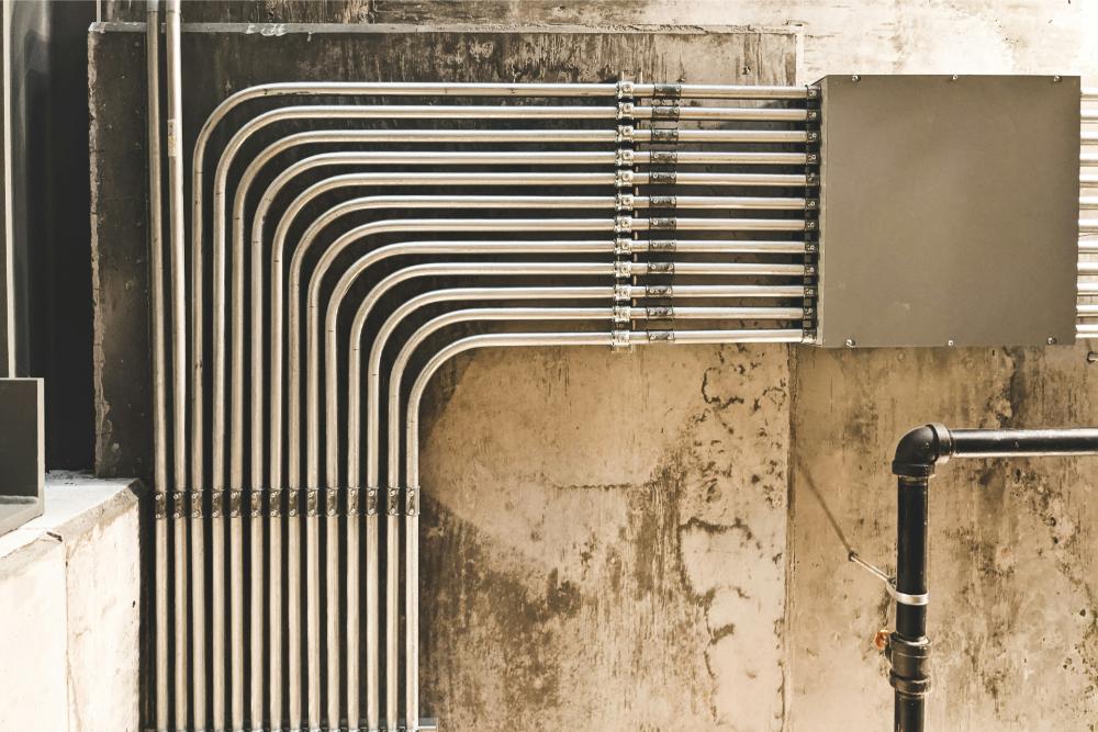 Metal pipes on concrete wall